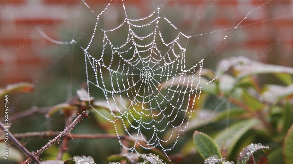 Sticker Spider web covered in dew mist