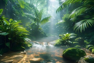Naklejka premium Atmospheric Jungle Photograph with Running Stream and Tropical Plants. Lush Natural Environment
