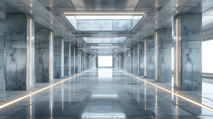 Obraz premium Futuristic Interior with Glossy Concrete Surfaces and Science Fiction Lighting Panels. Modern Tech Background