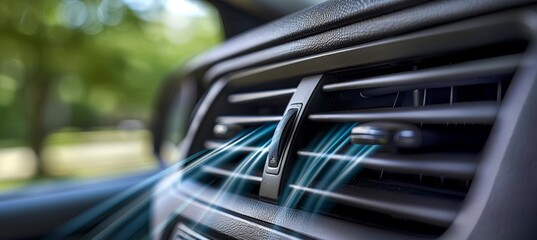 Close up view of car air vent releasing refreshing cool blue air stream for effective cooling