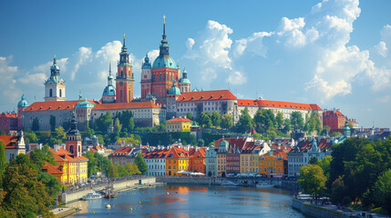 Obraz premium Warsaw, Poland city skyline created with Generative AI technology