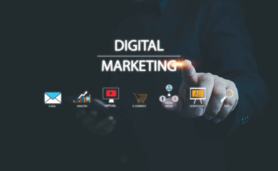 Digital marketing commerce online sale concept, Digital platform for online marketing and network technology concepts, digital , website ad, email, social network, video, SEO and business strategy.