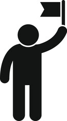 Pictogram man is holding a flag high in the air, symbolizing achievement and success