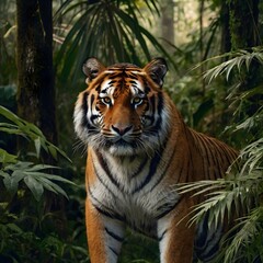 Majestic tiger, male, fierce and regal features, orange fur with black stripes and intense amber eyes.