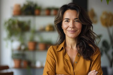 Confident stylish mature mid aged woman standing at home office. Mature businesswoman, brunette lady executive business leader manager looking at camera