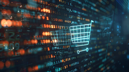 shopping icon from binary code in digital space