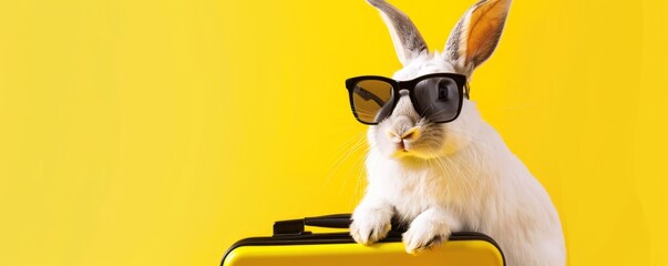 The rabbit wears sunglasses and carries a hand with a pure white background to push a suitcase to travel, travel concept