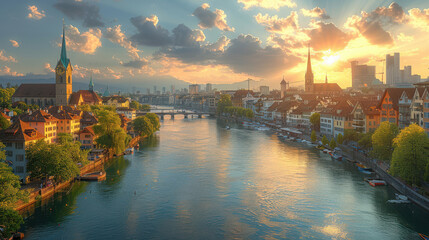Obraz premium Zurich, Switzerland city skyline created with Generative AI technology