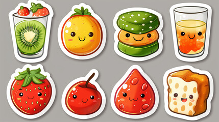 A collection of colorful fruit and vegetable icons like watermelon, apple, and orange for healthy eating