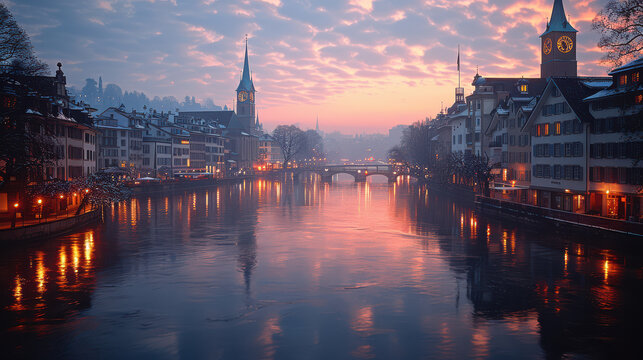 Zurich, Switzerland city skyline created with Generative AI technology