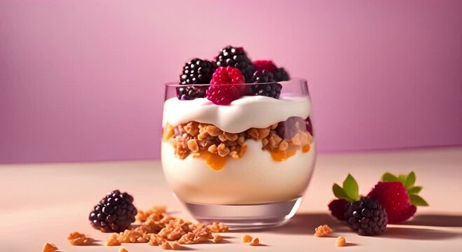 A bowl of yoghurt topped with granola and blackberries.