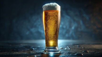 A tall glass of golden beer with a thick frothy head, standing on a wet surface with water droplets around, against a dark backdrop