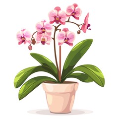 An orchid clipart, house plant element, vector illustration, pink and green, isolated on white background