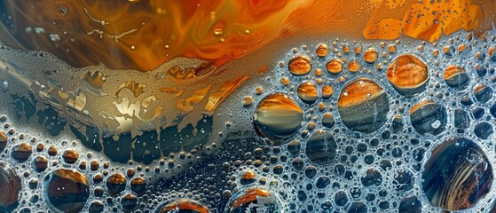 Vibrant abstract pattern of beer bubbles in orange and blue hues