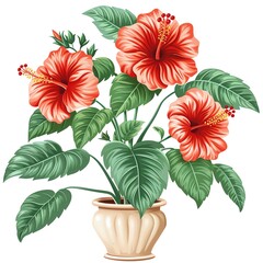 A hibiscus plant clipart, house plant element, vector illustration, green and red, isolated on white background