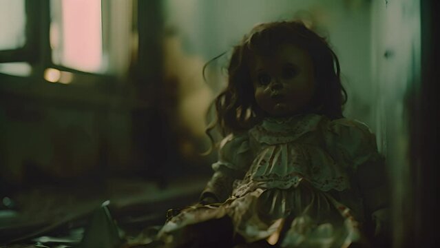 Creepy vintage doll in abandoned room with Ai generated.
