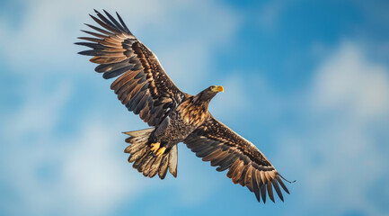 A large eagle is flying high in the sky