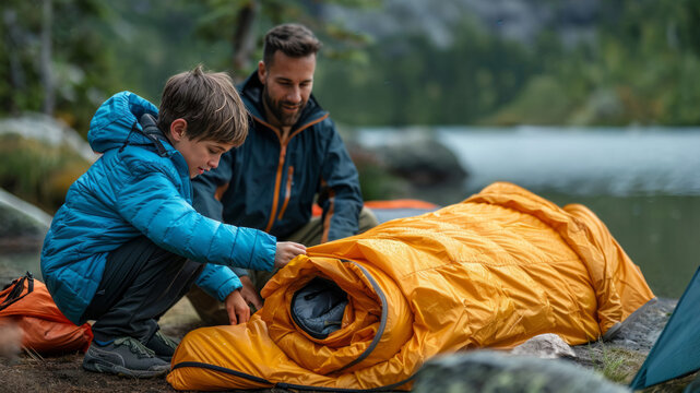 Father and son unboxing a sleeping bag, setting up camp near a lake