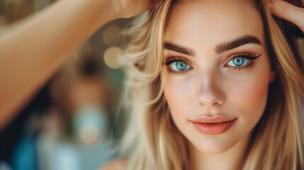 A detailed view of a fair-haired lady with azure eyes as she receives a hair makeover from an expert hairdresser.