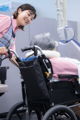 Obraz premium Dental treatment of an elderly person in a wheelchair Close-up of an image of oral care for the elderly