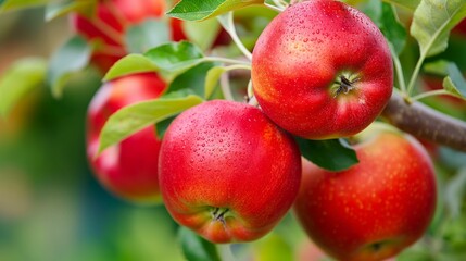 Red apples with water droplets hanging from a tree branch in a green orchard.