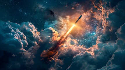 Obraz premium Rocket launching into space through clouds and smoke against a starry sky.
