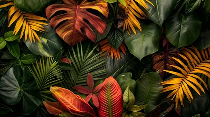 Tropical foliage with diverse vibrant leaves.