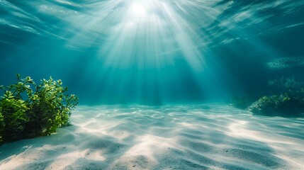 Sunlight filtering through water illuminating sandy ocean floor.