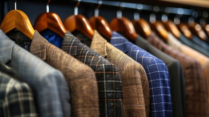 Obraz premium Variety of clothes on hangers displayed in a wardrobe closet for diverse wardrobe selection