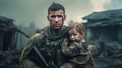Fototapeta premium Brave Soldier Rescuing Distressed Child in Devastated Village Amidst Chaos