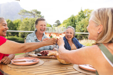 Group of diverse senior women toasting with wine glasses outdoor