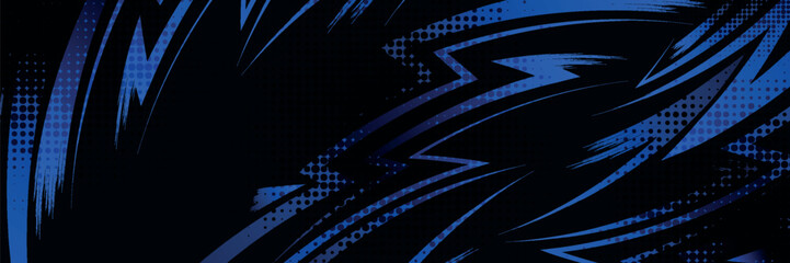 sports background, banner design in blue and black with pointed shapes and empty space. brush stroke pattern