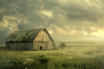 Obraz premium Weather-Beaten Barn in Serene Countryside Landscape