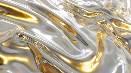 3D visualization of liquid white and gold with flowing liquid metal texture. Reflective surfaces, delicate shading, and silver accents create a minimalistic, close-up composition