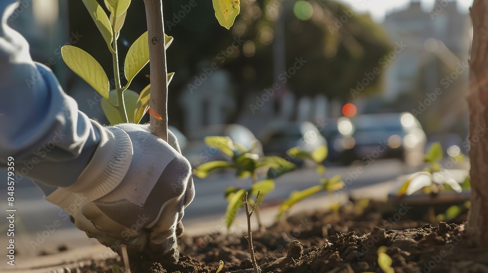 Wall mural Close-up on gloved hands of a volunteer planting a street tree, urban setting, soft focus traffic. 