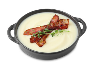 Delicious potato soup with bacon and microgreens in bowl isolated on white