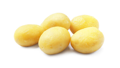Pile of young boiled potatoes isolated on white