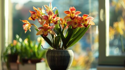 Cymbidium plant in a pot displaying vibrant blossoms