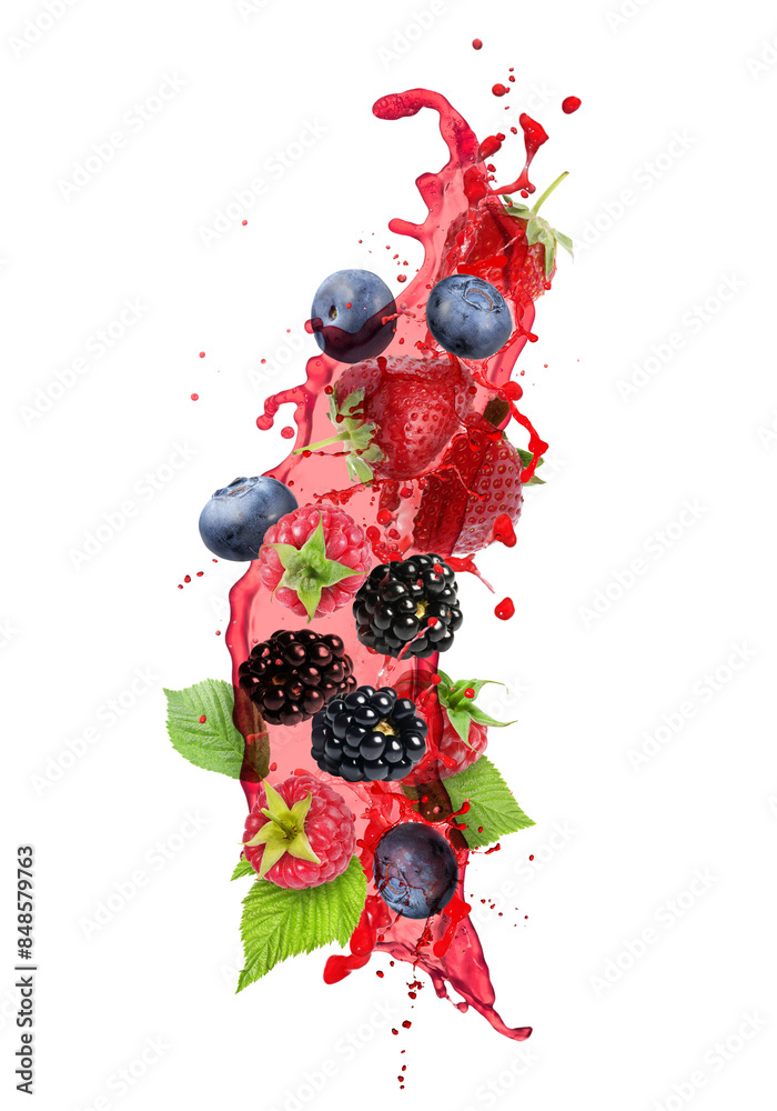 Wall mural Different berries and splashing juice isolated on white