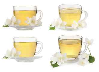 Delicious herbal tea in cups and beautiful flowers on white background, set