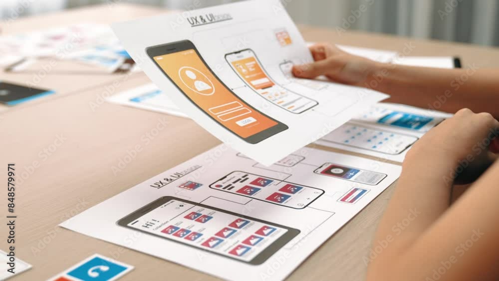 Poster startup company employee planning for user interface prototype for mobile application or website in 