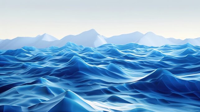 3D rendering of a beautiful abstract background featuring blue waves and snowy mountains on the horizon. Vector illustration in hyper-realistic style, created with Octane rendering in high resolution 
