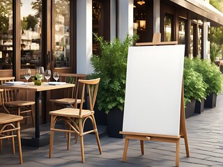 White Empty Paper Poster Mockup Displayed Outside a Building Restaurant. Marketing and Business Concept Design