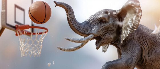 An elephant throws the ball at the basket.