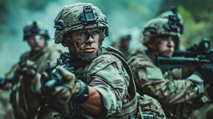 Obraz premium Soldiers in Contemporary War Engaged in Group Tactics While Moving as a Unit
