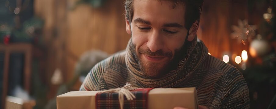 Man unboxing a meaningful message in a surprise package, heartfelt words, appreciative expression