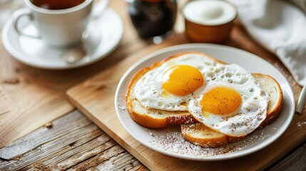 Traditional British breakfast with two eggs cooked sunny side up served on a white plate placed on a wooden table alongside black tea and milk