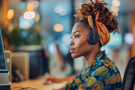 An attractive female call center agent working in her office - Generative AI
