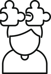 Line drawing of a young man solving a problem with puzzle pieces floating over his head