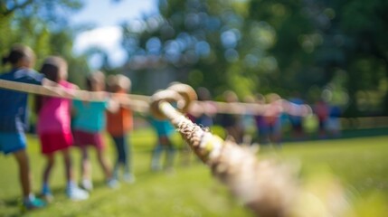 Blurry teams engaged in a friendly outdoor tugofwar on a sunny day.